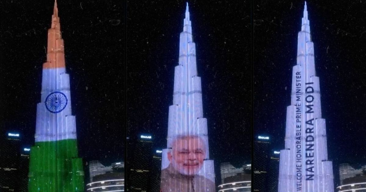 UAE में पीएम मोदी का जोरदार स्वागत, बुर्ज खलीफा पर तिरंगे के साथ दिखाई गई फोटो