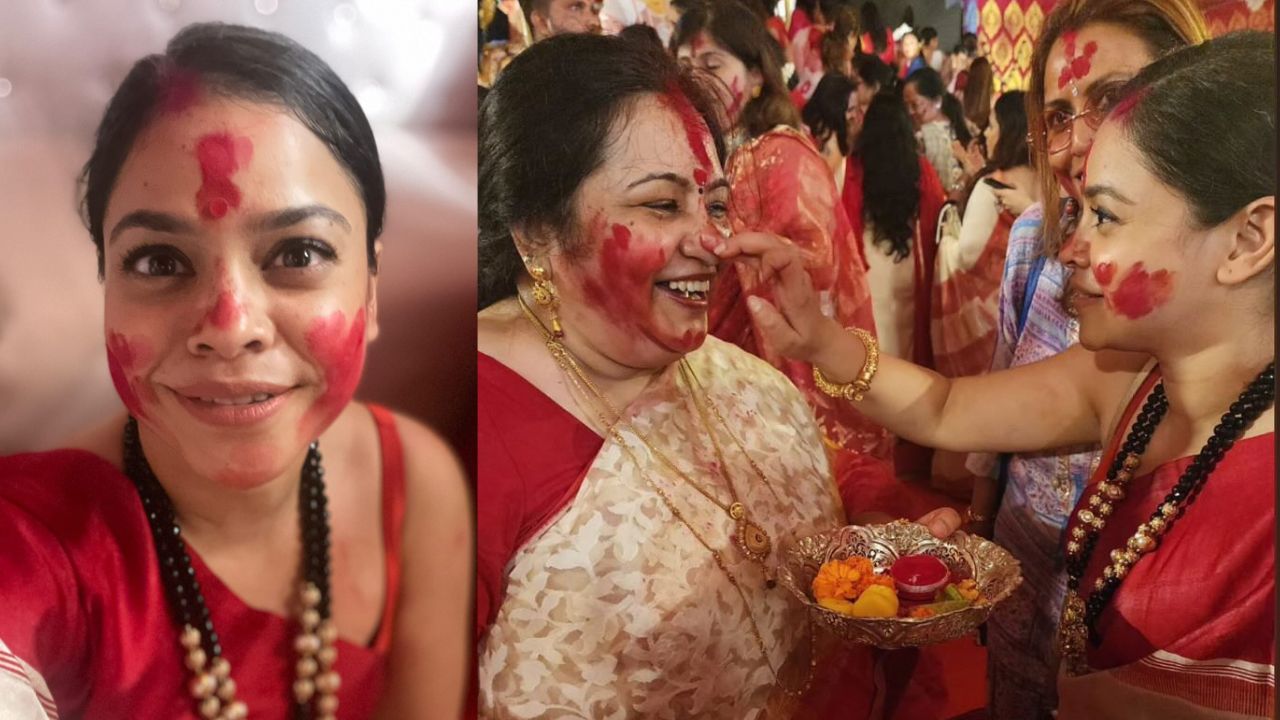 त्योहारों के इस सीजन में टीवी एक्ट्रेसेस का अलग लुक देखने को मिल रहा है. मां दुर्गा की भक्ति के रंग में रंगी सिंदूर खेला के मौके पर 'द कपिल शर्मा शो' फेम सुमोना चक्रवर्ती भी नजर आईं. 