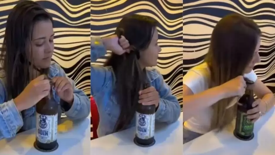 woman opening bottle with hair