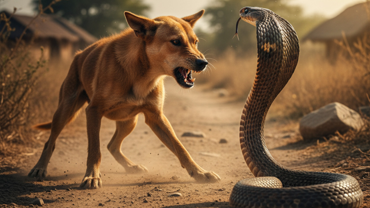 Dog fights with cobra snake
